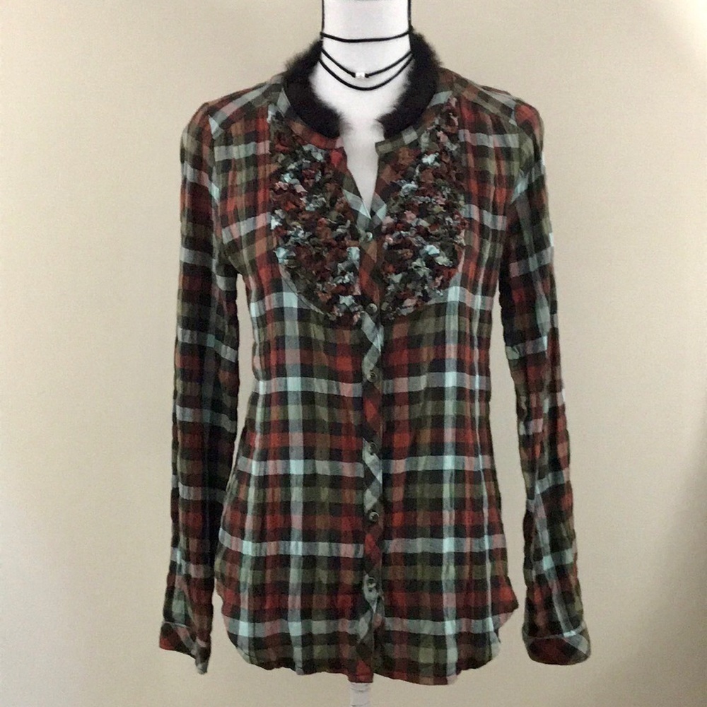 NH Nadine H Faux Fur Ruffle Plaid Button Down Top